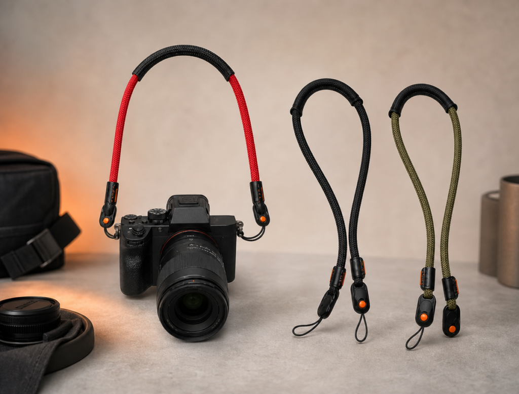 Custom camera strap product family featuring a padded shoulder strap and braided camera straps with quick-release hardware for OEM and ODM projects.