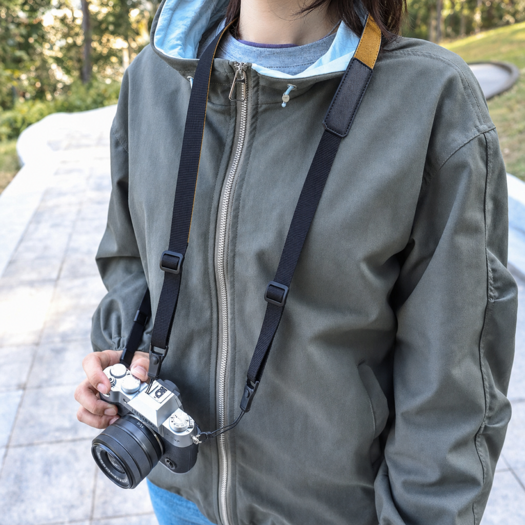 Camera strap application showing a photographer wearing a custom shoulder strap for everyday shooting, travel and outdoor photography.
