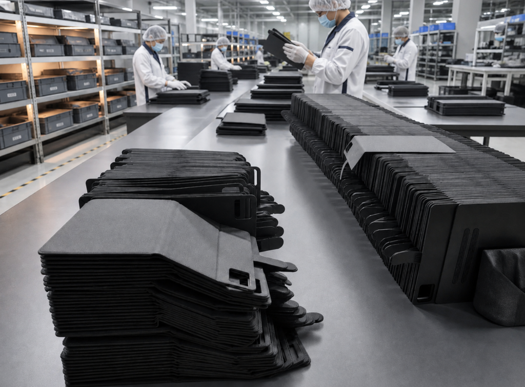 Uniformed workers inspecting molded cases on the production line