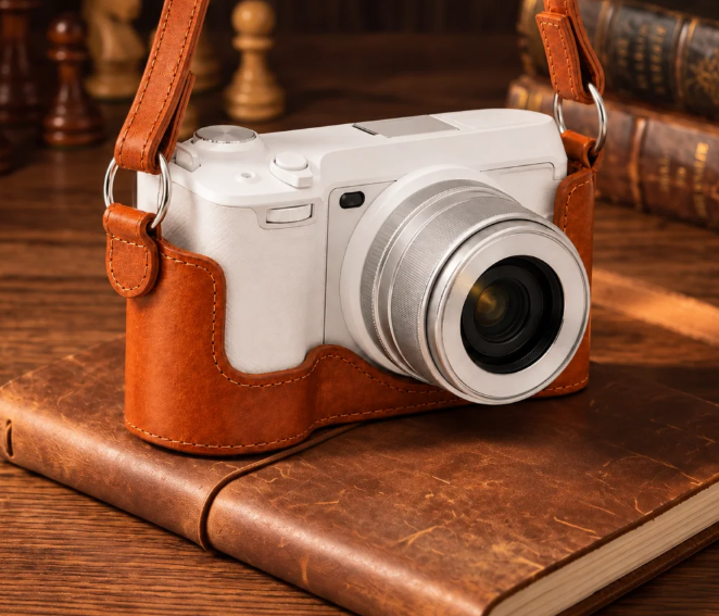 Custom precision-fit leather camera case designed around the device with tailored openings, protective structure and OEM/ODM customization options.