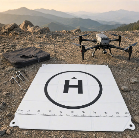 Custom drone landing pad with a large square format and high-visibility landing graphics for outdoor UAV takeoff and landing.