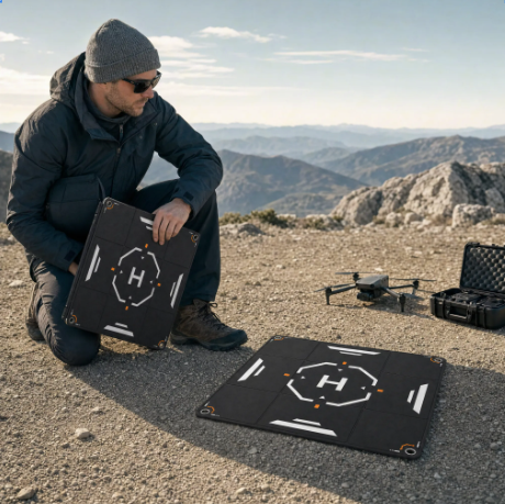 Drone operator using a portable landing pad in an outdoor field environment for professional UAV takeoff, landing and field operations.
