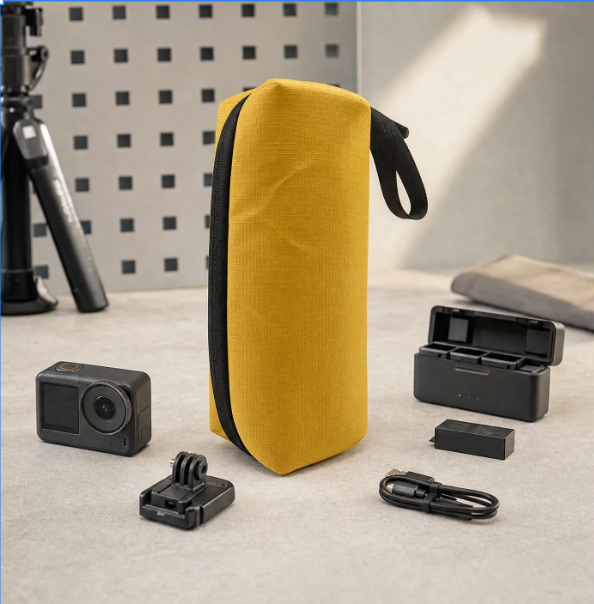 Custom action camera organizer case with a planned packing layout for the camera, batteries, mounts and frequently used accessories.