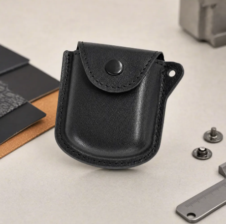 Compact custom protective case showing stitched construction, snap closure and durable exterior materials for small camera accessories.