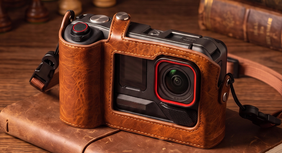Close-up of a custom camera case showing precision-cut openings, stitched leather construction and device-specific protective fit.