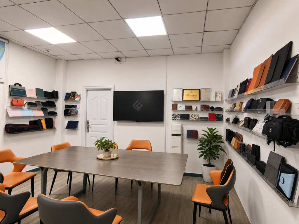 Showroom wall displaying leather bags, cases and accessories next to a modern meeting table