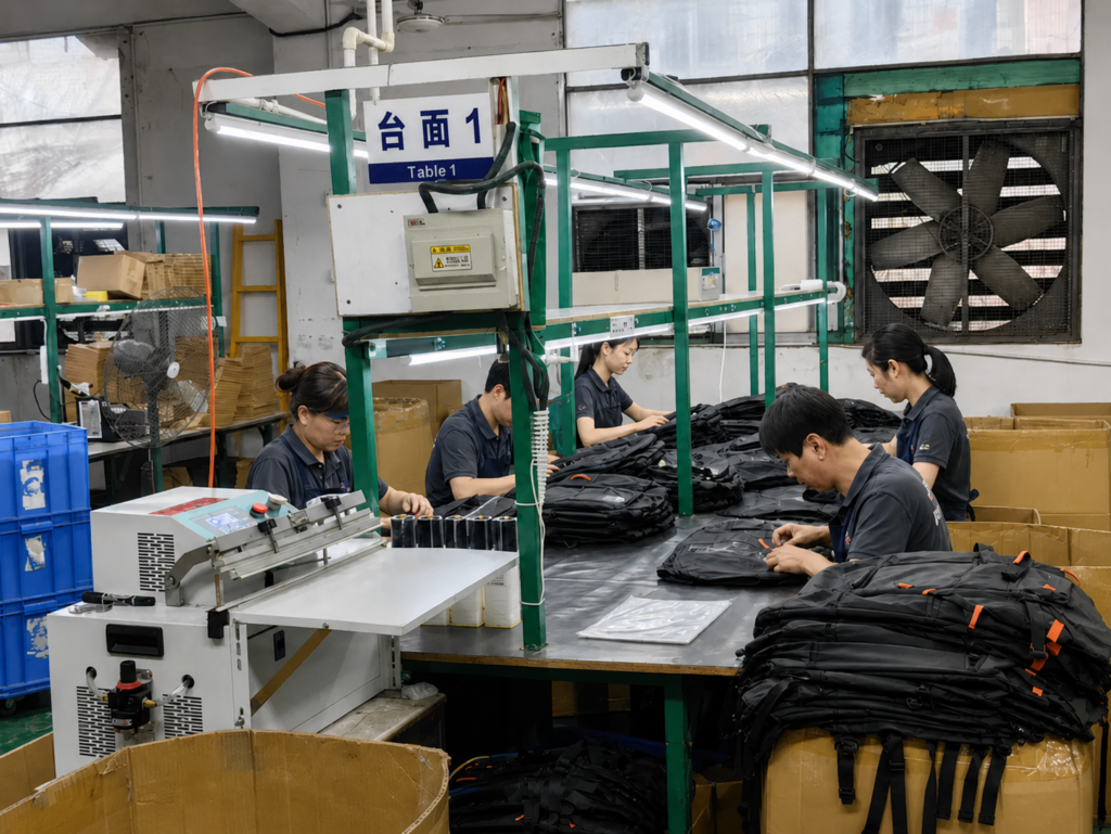Factory workers assembling black backpacks at a sewing workstation in our Shenzhen facility