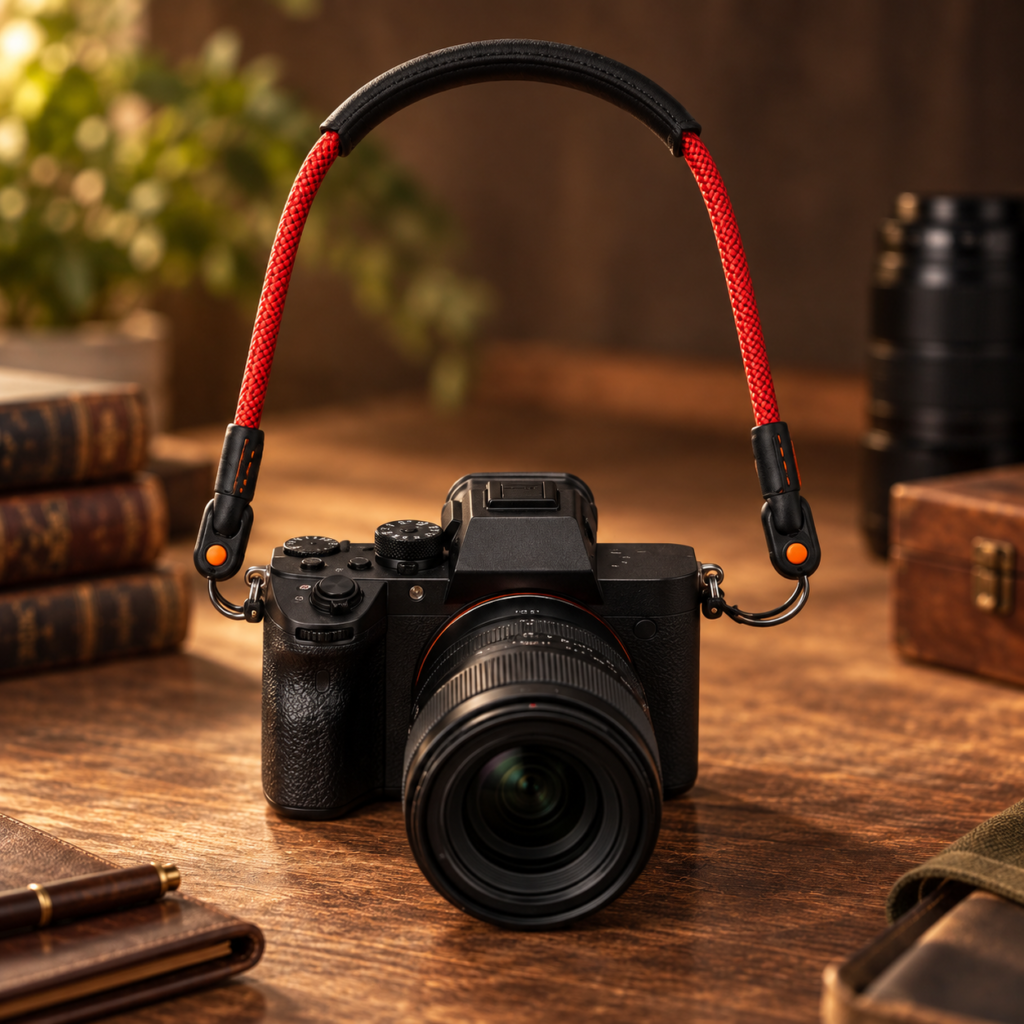 Custom camera shoulder strap with padded neck support, quick-release hardware and OEM color options for camera accessory projects.
